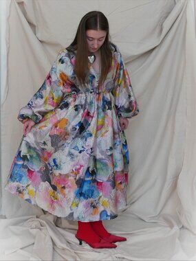 Stine Goya Niki Dress in Melrose Jacquard | Painterly Floral Metallic | Size M